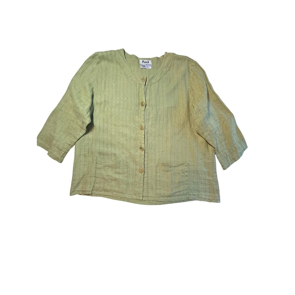 Vintage Y2K FLAX Green Linen Button Up Shacket Top Large Lagenlook Minimalist